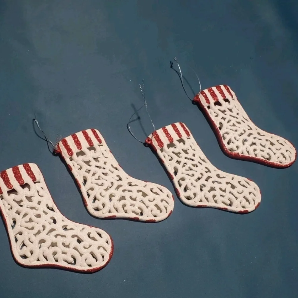 Christmas Stocking Ornament Lot Resin White Red Scrolls Glitter Ornate Hollow